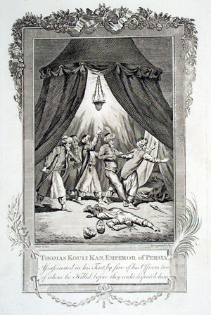 A black and white painting of four armed men pushing another man towards an entrance, while another decapitated man is seen on the ground