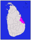 Area map of Batticaloa District, located along the east by north coast, in the Eastern Province of Sri Lanka