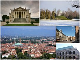A collage of Vicenza showing: the Villa Capra "La Rotonda", the classical temple in the Parco Querini, a panorama of the city from the Monte Berico, the Piazza dei Signori and the Renaissance Basilica Palladiana.