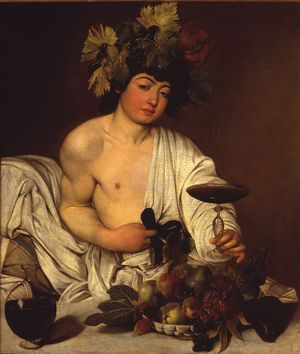 Painting of Dionysus with garland, food and wine