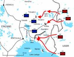 Diagram of the Lake Ladoga battles illustrates the positions and offensives of the Soviet troops. The Red Army invaded dozens of kilometers deep Finland, but stopped at points of Tolvajärvi, Kollaa and almost surrounded near the water of Lake Ladoga.