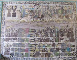 A Iranian tile-work depicting the Penitents and their leader Sulayman ibn Surad, on horses, while a faceless men is in center of a group of workers with showels