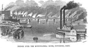 A historic 1857 scene of the Monongahela River in downtown Pittsburgh featuring a steamboat