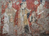 Buddhist mural from Kalai Kafirnigan, Museum of National Antiquities, Dushanbe, Tajikistan. 7th-early 8th century.[47][48]