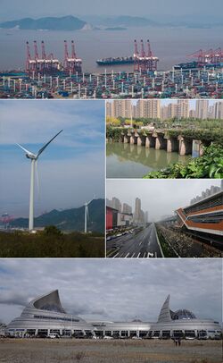 Clockwise from the top: Port of Ningbo, Yanshan Dyke, Zhonghe Road Station, متحف موانئ الصين، Chuanshan Wind Power Plant