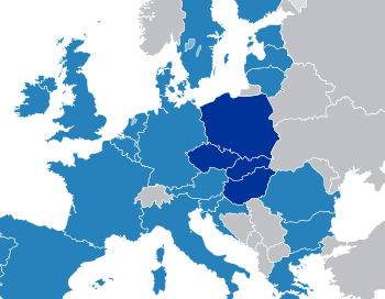 خريطة أوروپا موضع عليها الدول الأربعة الأعضاء في مجموعة ڤيشگراد.