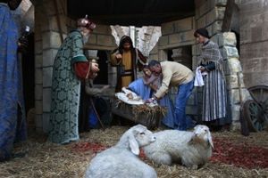 حاج فلسطيني في مشهد يمثل ميلاد المسيح، بكنيسة المهد، بيت لحم.