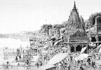 An illustration (1890) of Bathing Ghat in Varanasi.