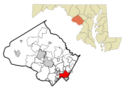Location of Silver Spring in Montgomery County, Maryland (left) and of Montgomery County in مريلاند (right)