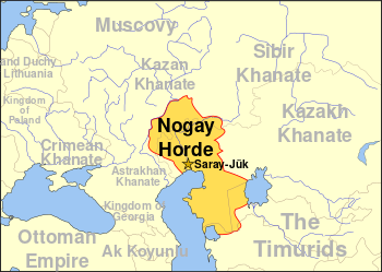 الأراضي التقريبية لقبيل نوگاي في نهاية القرن الخامس عشر.