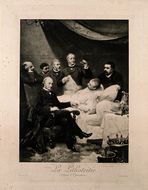 Jean-Casimir-Félix Guyon holding a gall-stone in a bottle after performing lithotrity on a male patient, other doctors monitor the patient's condition. Heliogravure by Dujardin after E. Bisson, 1890.