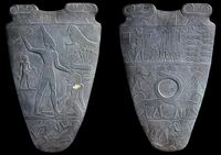 Egyptian palettes, such as the Narmer Palette (3200–3000 BC), borrow elements of Mesopotamian iconography, in particular the sauropod design of Uruk.[33]