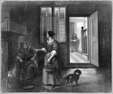 Two women talking, with a man and a dog, 1680-1684