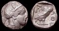 Athenian tetradrachm with head of Athena and owl, after 449 BC.
