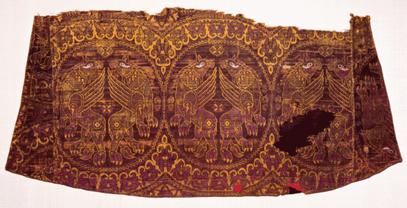 11th-century Byzantine robe, dyed Tyrian purple with murex dye. Creatures are griffins