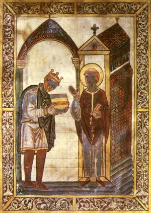 Æthelstan presenting a book to Saint Cuthbert