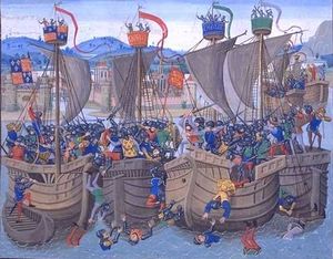 A depiction of medieval naval combat from Jean Froissart's Chronicles, 14th century
