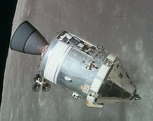 Image of the Apollo Service Module with the moon in the background