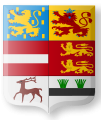 Arms of the counts, later princes of Nassau-Dietz. They were usually elected stadholders of Friesland, and sometimes Groningen. They gave rise to the kings of the Netherlands. They show the county of Spiegelberg and the baronie of Liesveld on the bottom.[5]