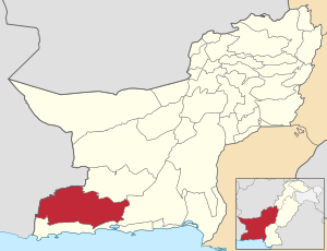 خريطة بلوچستان ومبيَّن فيها ضلع كچ باللون الأحمر القاني.