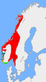 Petty kingdoms ca. 872 AD (the unified kingdom shown in red) before the defining Battle of Hafrsfjord.