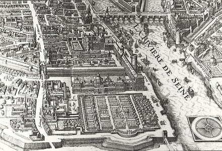 The Tuileries Palace (bottom) and its garden, in plan engraved by Matthieu Merian in 1615