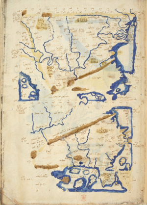 An ancient map of Dacia showing land in tan, mountains in brown, and water in blue