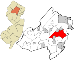 موقع پارسيپاني-تروي هيلز في مقاطعة موريس مبيناً بالأحمر (يمين). الخريطة الداخلية: موقع مقاطعة موريس، نيوجرزي، مبيناً بالبرتقالي (يسار).
