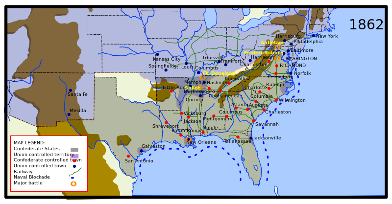 ملف:Map of American Civil War in 1862.svg