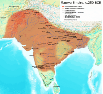 Territories of the Maurya Empire conceptualized as core areas or linear networks separated by large autonomous regions in the works of scholars such as: historians Hermann Kulke and Dietmar Rothermund;[1] Burton Stein;[2] David Ludden;[3] and Romila Thapar;[4] anthropologists Monica L. Smith[5] and Stanley Jeyaraja Tambiah;[4] archaeologist Robin Coningham;[4] and historical demographer Tim Dyson.[6]