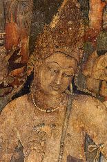 Paintings of Padmapani and Vajrapani on either side of the Buddha in Cave 1