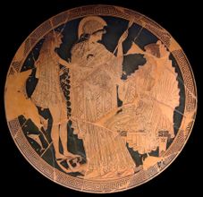 ثسيوس وأمفتريت يمسكان بأيدي بعضهما البعض، وأثينا تنظر إلى (قدح أحمر بريشة يوفرونيوس و أونسيموس، 500-490 ق.م.)
