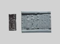 Cylinder seal showing the representation of a devotee (center) by goddess Lamma (left), to Ishtar (right). Babylonian, 18thح. 18th–17th century BC, Metropolitan Museum of Art