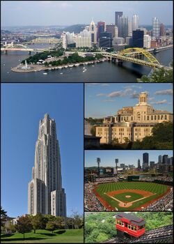 Clockwise from top: Pittsburgh skyline; Carnegie Mellon University; PNC Park; Duquesne Incline; Cathedral of Learning at the University of Pittsburgh