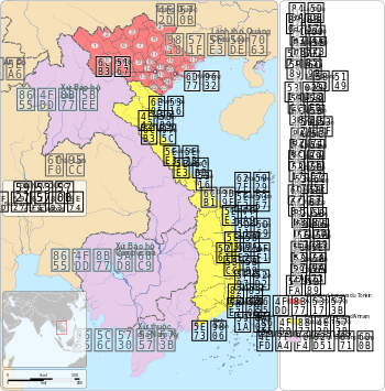 Administrative divisions of Đại Nam (yellow and red) within French Indochina in 1937 during the reign of Emperor Bảo Đại.