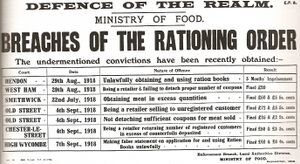 A document says "DEFENCE OF THE REALM", "MINISTRY OF FOOD", "BREACHES OF THE RATIONING ORDER", "The undermentioned convictions have been recently obtained", and a list of various offences committed and the punishments handed out.