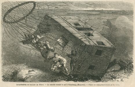 1863: Disaster with Le Géant at Neustadt am Rübenberge at Hanover. Illustration in a newspaper