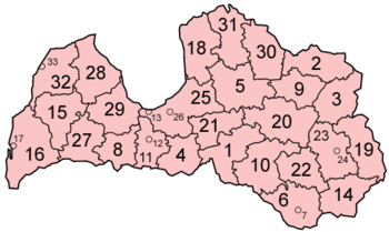 Map of the districts of Latvia in alphabetical order.