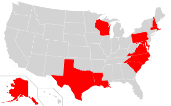 "A map of the United States with Alaska,, Wisconsin and Texas in red along with a swathe of the north eastern states."