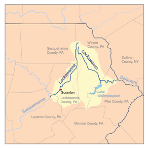 Map of northeastern Pennsylvania, with county borders indictated and the Lackawanna and Lackawaxen watersheds highlighted in yellow.
