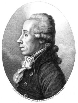 Oval black and white engraving of a man looking left with a scarf and a coat with large buttons.