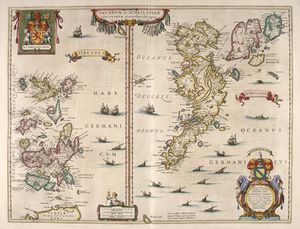 An old map of two island groups with the "Orcades" at left and "Schetlandia" at right. A coat of arms at top left shows a red lion rampant on a yellow shield flanked by two white unicorns. A second heraldic device is shown at bottom right below the "Oceanus Germanicus". This has two mermaids surrounding a tabula containing very small writing, topped by a yellow and blue shield.