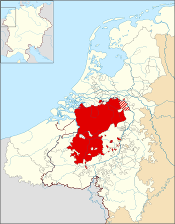 The Duchy of Brabant within the Seventeen Provinces of the Low Countries and the borders of the الإمبراطورية الرومانية المقدسة (thick line)