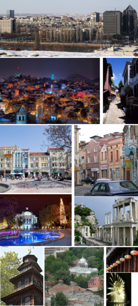 From top, left to right: Hills of Plovdiv • Ancient theatre • Ancient stadium • Historical Museum • Hisar Kapia • Ethnographic Museum • Tsar Simeon's garden •
