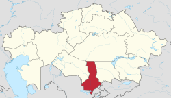 خريطة قزخستان، موضح عليها موقع منطقة تركستان.