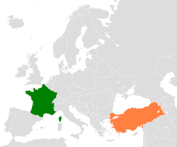 Map indicating locations of France and Turkey