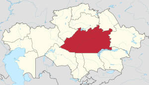 خريطة قزخستان، مبين فيها منطقة قرغندة