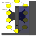 The "Float Belt". The yellow blocks indicate floaters. It was thought that the floaters would rise through the liquid and turn the belt. However pushing the floaters into the water at the bottom would require more energy than the floating could generate.
