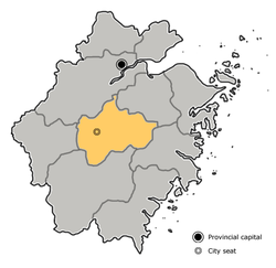 Location of Jinhua City jurisdiction in Zhejiang