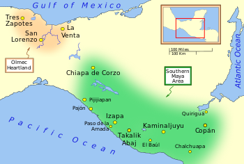 Map showing the locations of Quiriguá and Copán in the extreme east of the region, with Quiriguá to the north and Copán directly south. The landmass is located in Central America and bordered by the Pacific Ocean to the southwest، خليج المكسيك إلى الشمال الغربي والمحيط الأطلسي إلى الشرق.